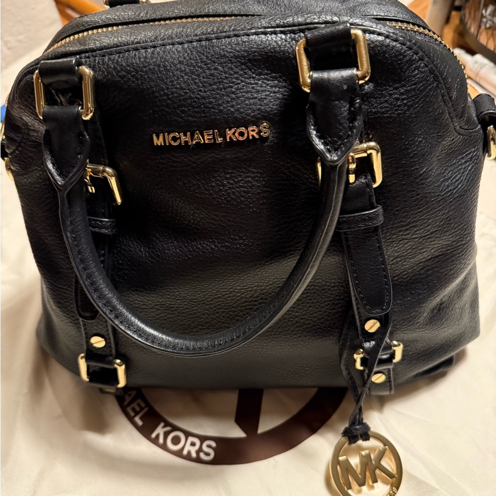 Michael Kors Black Leather Satchel with Gold Hardware